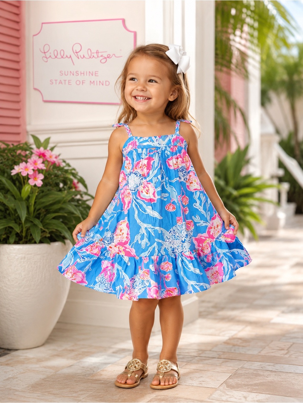 Lilly Pulitzer Bright Blue Floral Girls Dress with Pink Accents